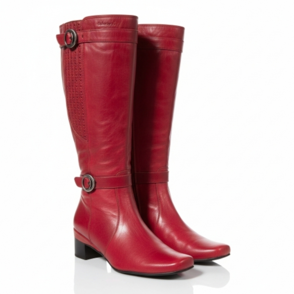 Softwaves Bright Red Leather Tall Boots Square Toe Buckle Detail Size 7